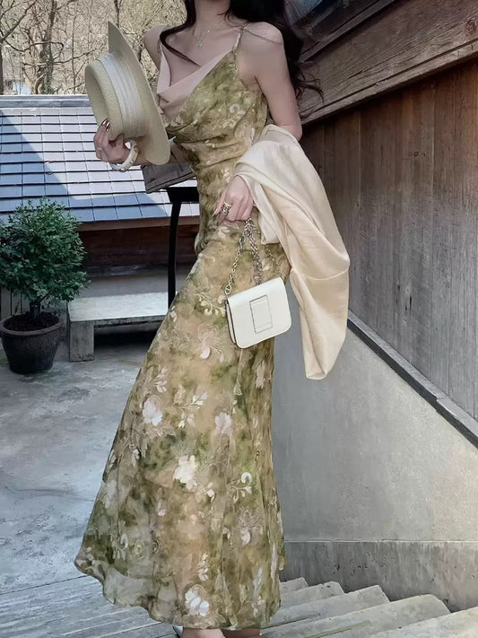 New Chinese Ink Floral Slip Maxi Dress