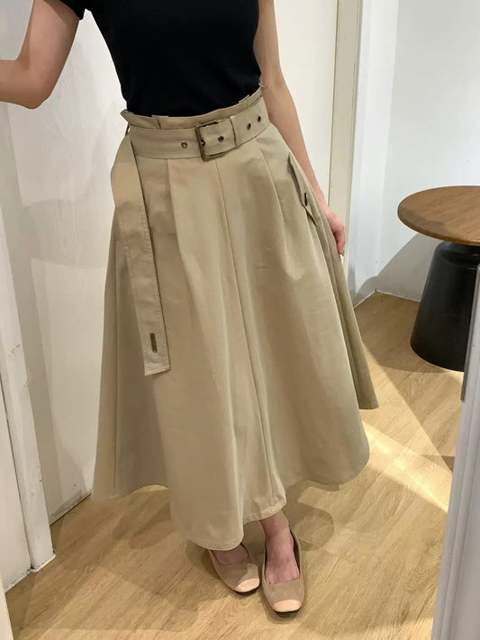 High‑end khaki A‑line midi skirt✨