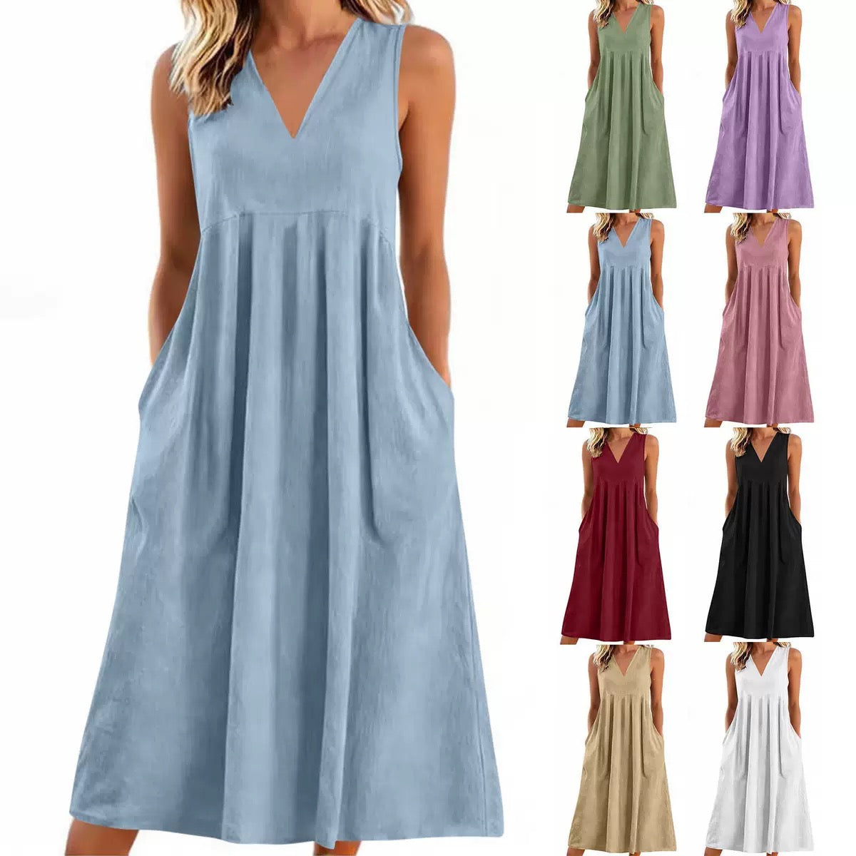 V-neck Sleeveless Linen Midi Dress