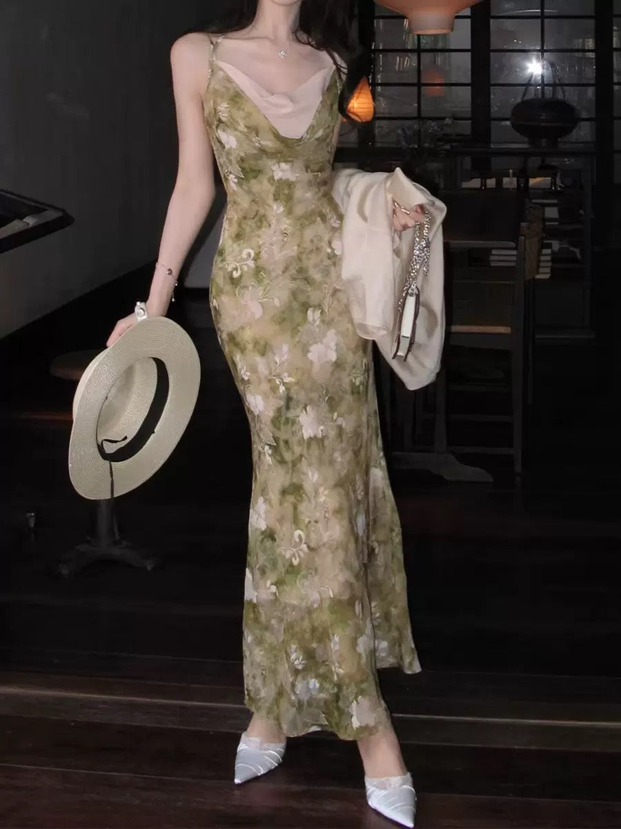 New Chinese Ink Floral Slip Maxi Dress
