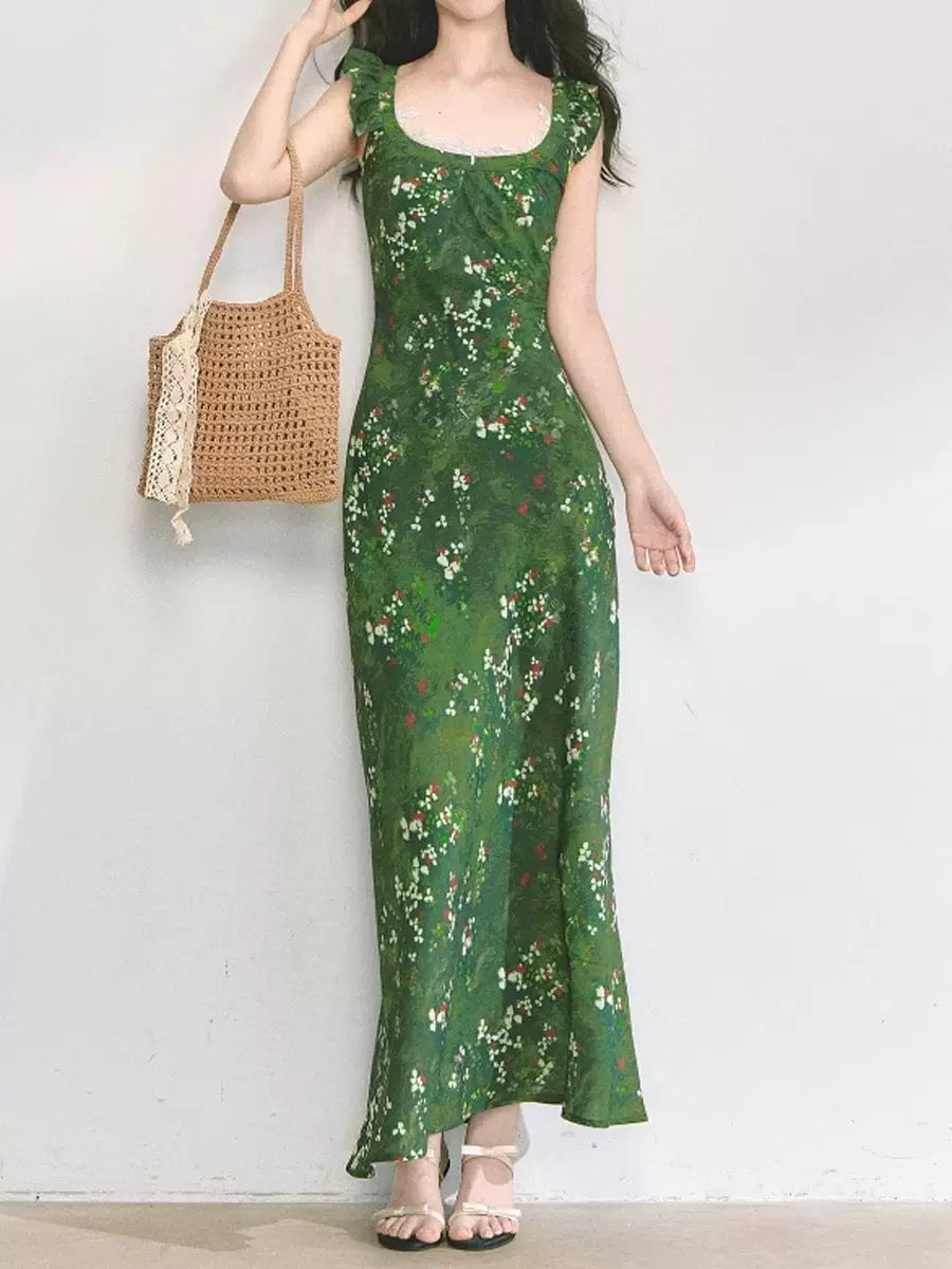 Romantic Escape "Monet 2.0" dark green floral dress