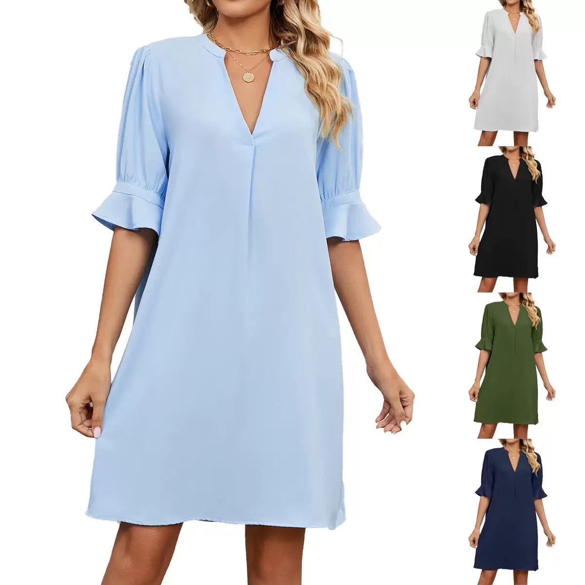 Simple V-neck dress with ruffle bubble sleeves.