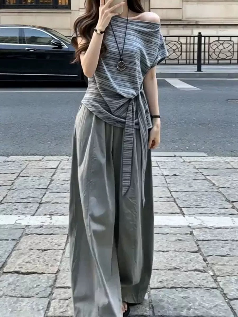 Korean style two-piece set: off-shoulder striped tie top & grey wide-leg pants.