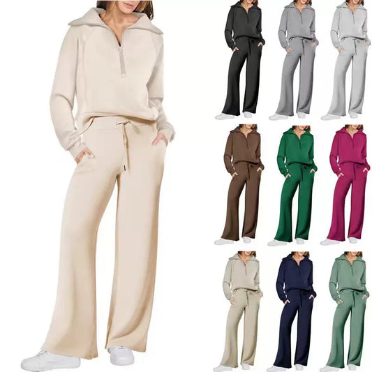 Half-zip lapel sweatshirt & wide-leg pants 2-piece set.