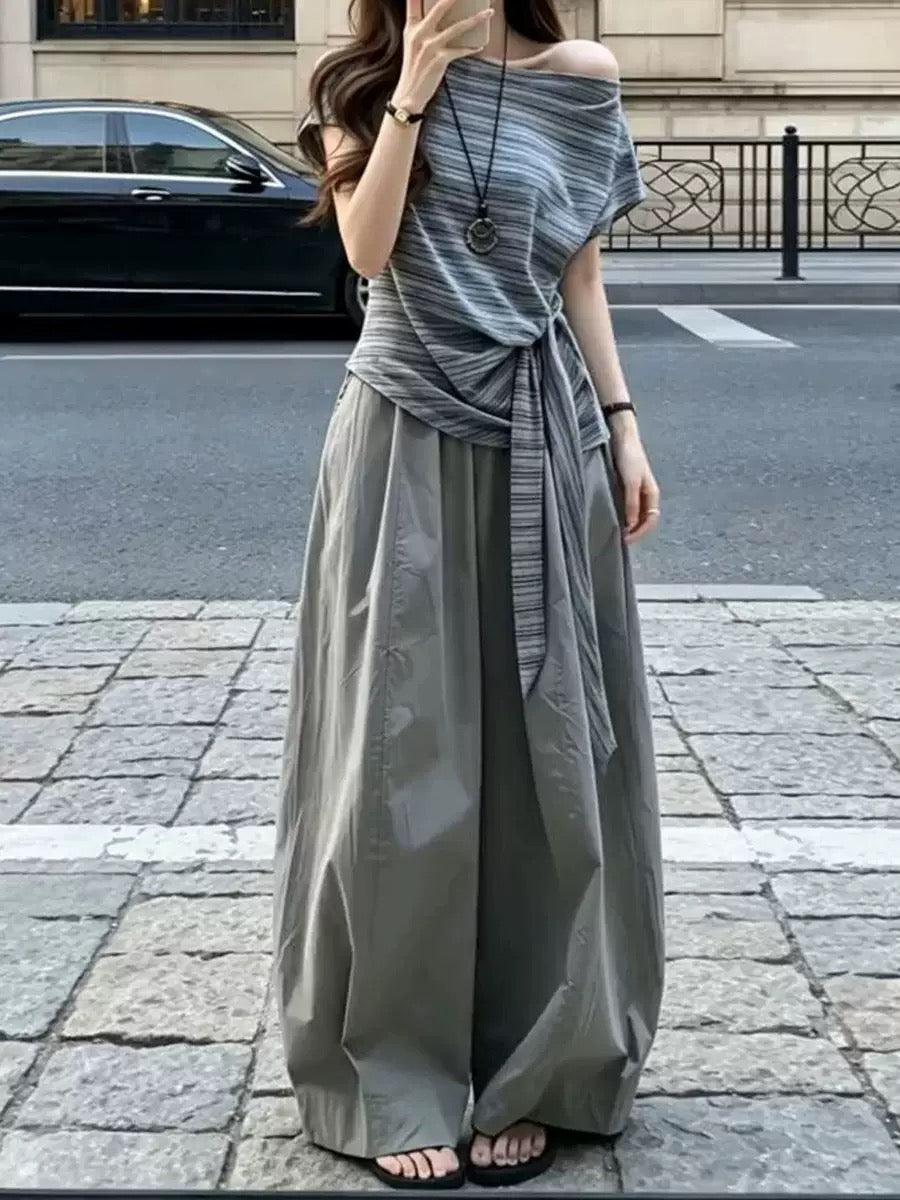 Korean style two-piece set: off-shoulder striped tie top & grey wide-leg pants.