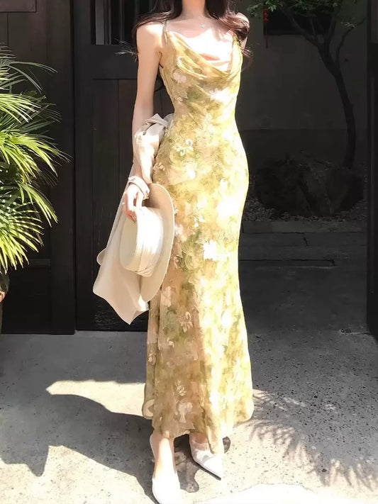 New Chinese Ink Floral Slip Maxi Dress