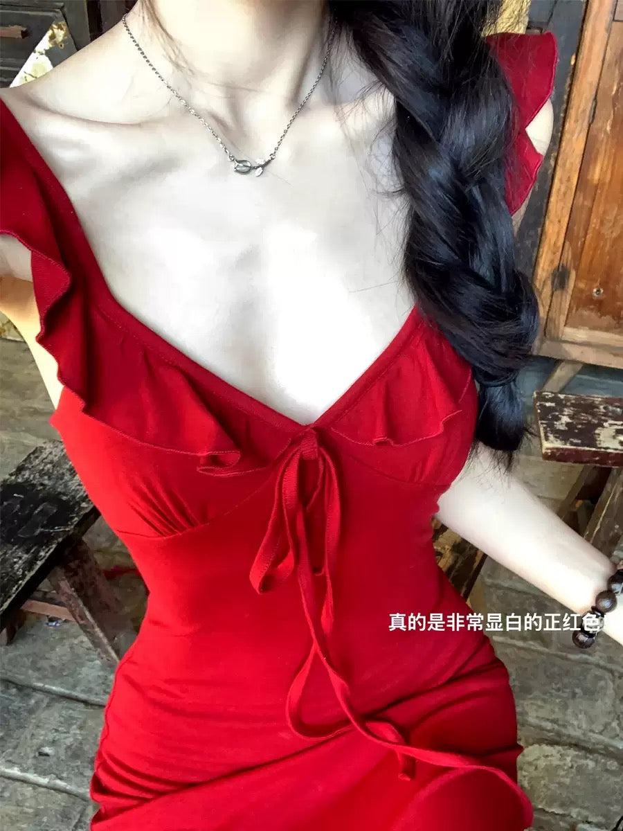V-neck Red Mermaid Slip Dress