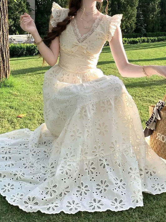 Roman Garden Hollow Maxi Dress with lace.