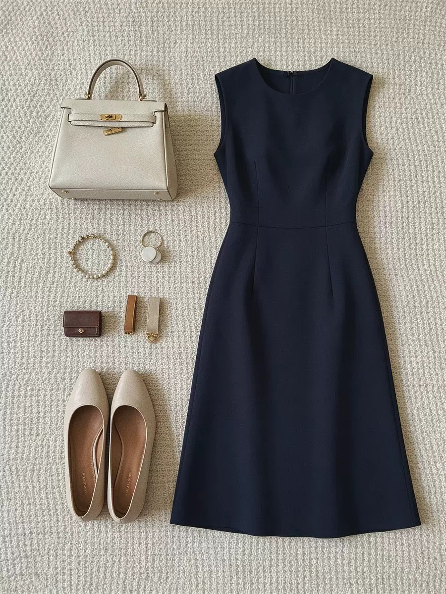 French‑style navy sleeveless dress