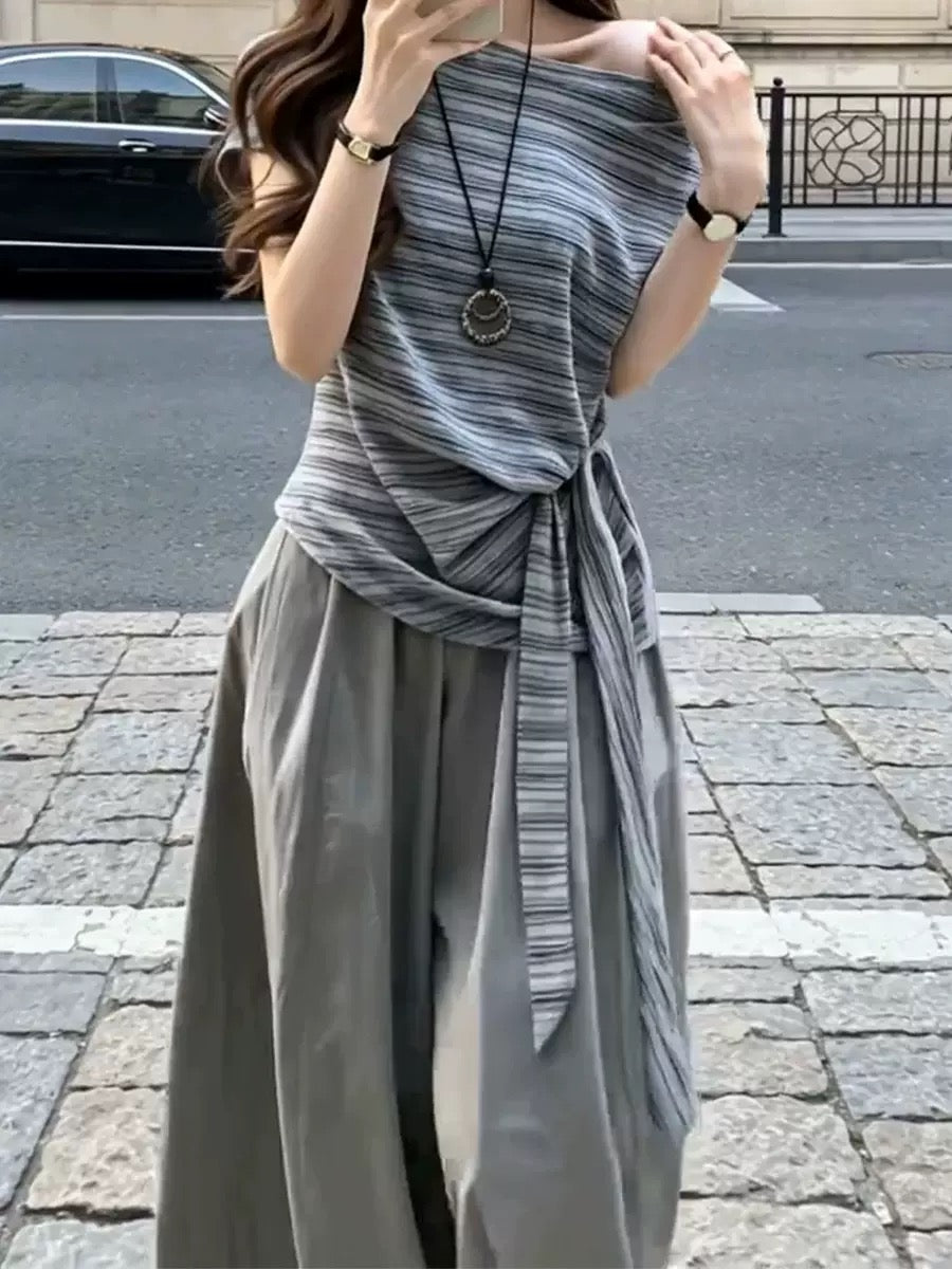 Korean style two-piece set: off-shoulder striped tie top & grey wide-leg pants.