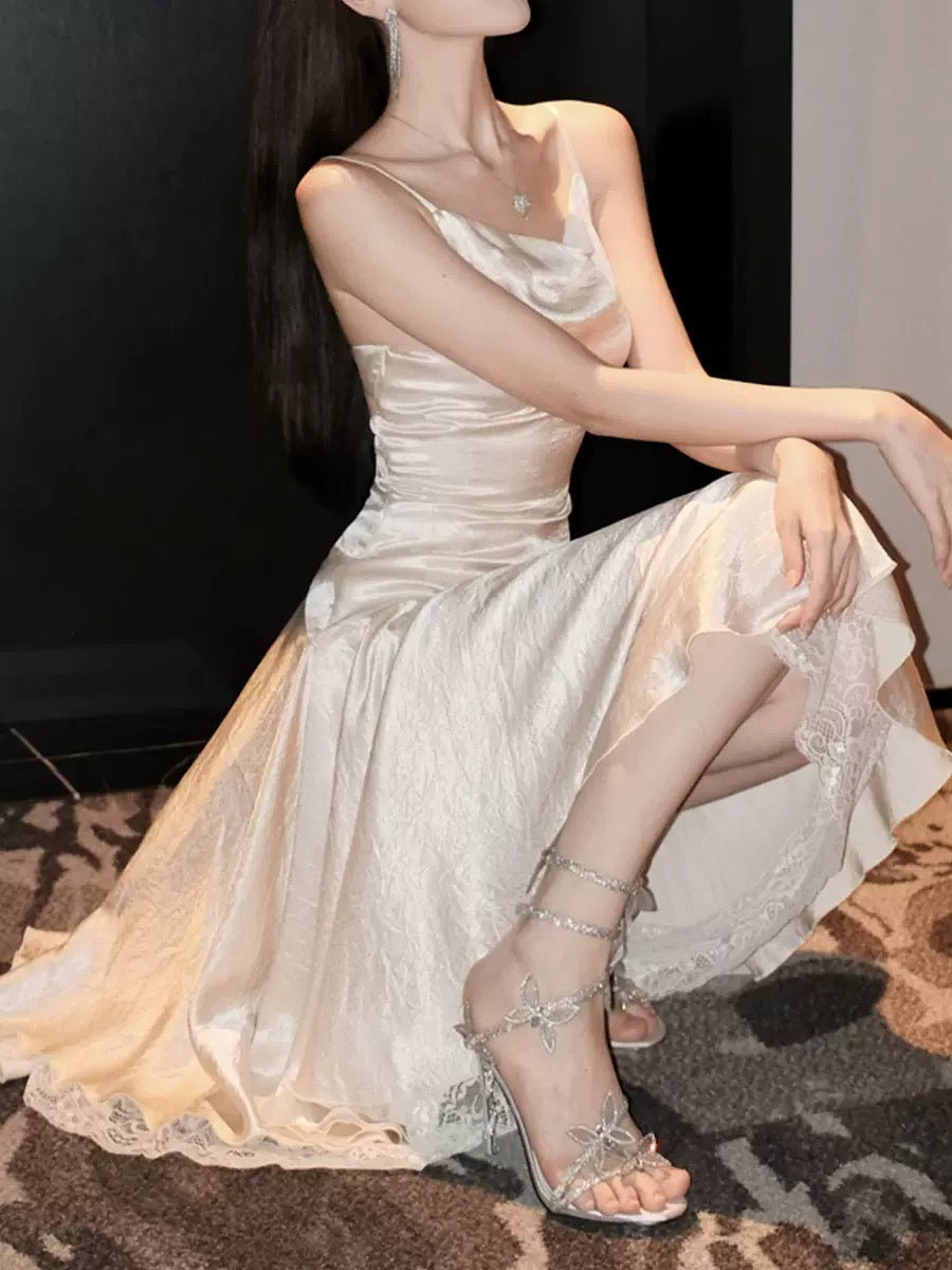 Champagne satin slip evening dress.