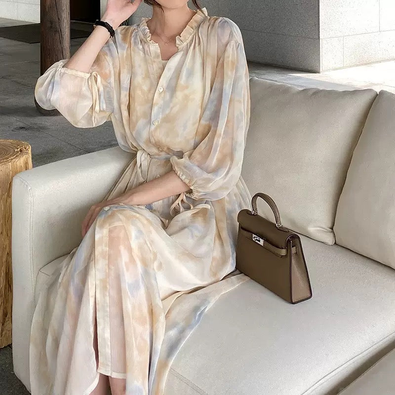 French‑style tie‑dye print dress
