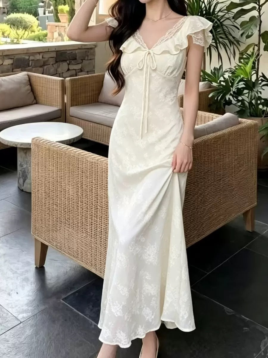 French V-neck Floral Midi Dress