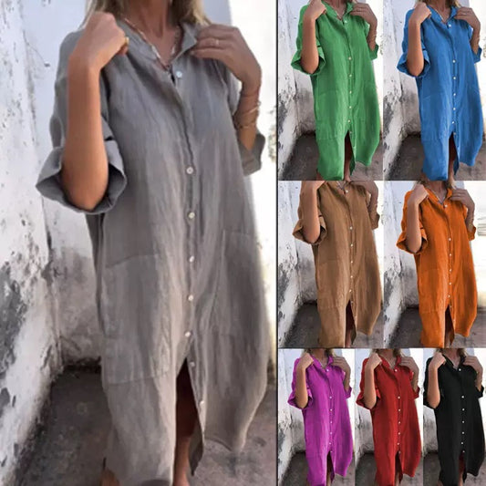 Collared button-down long shirt dress.