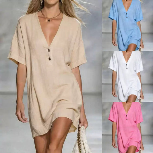 Linen Blend V-neck Mini Dress