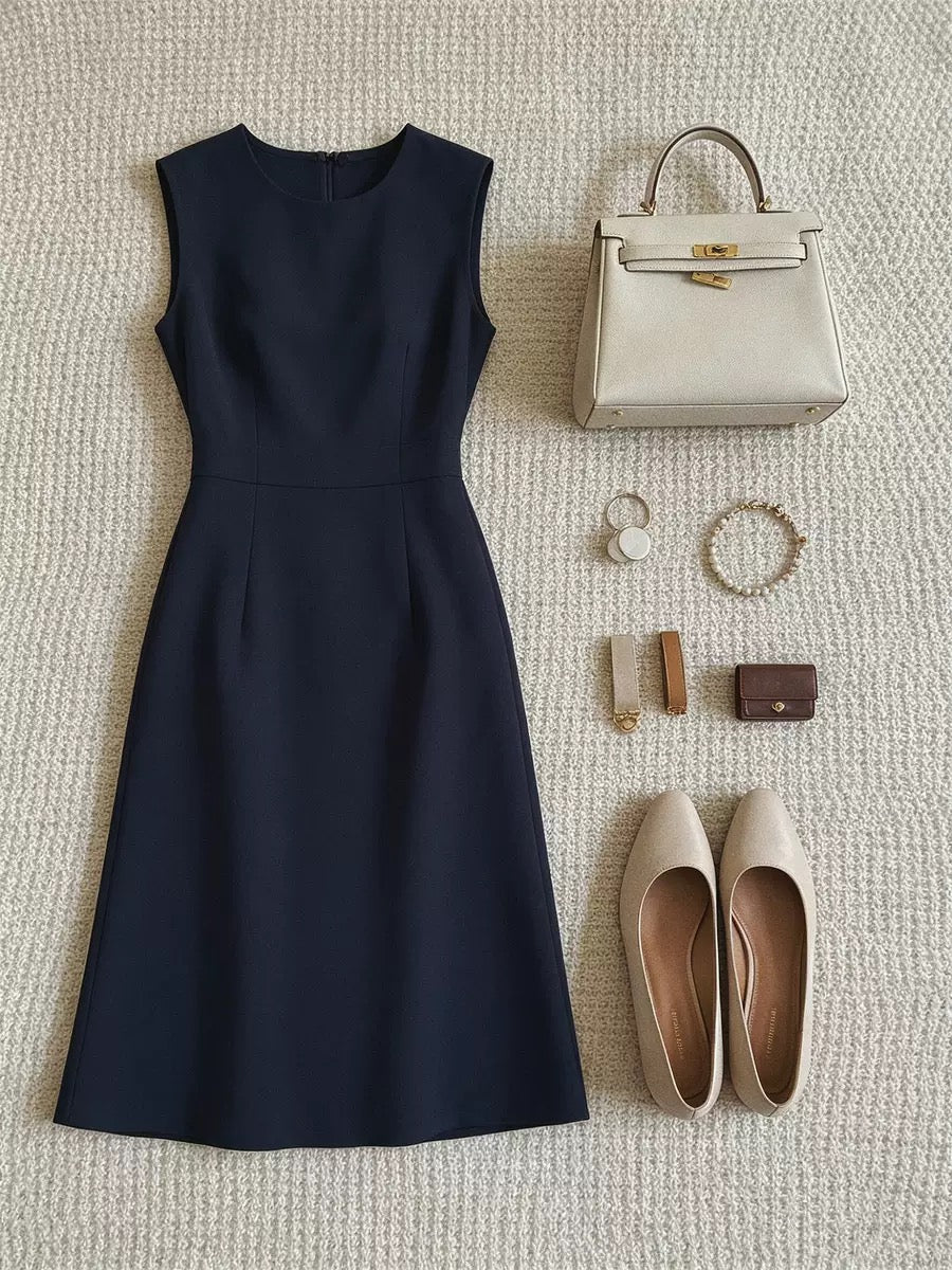 French‑style navy sleeveless dress