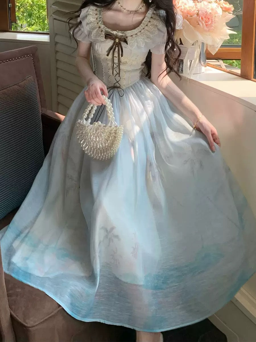 Orange Sea Vintage Oil Painting Dress