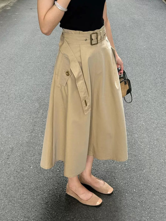 High‑end khaki A‑line midi skirt✨