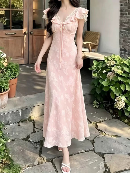 French V-neck Floral Midi Dress