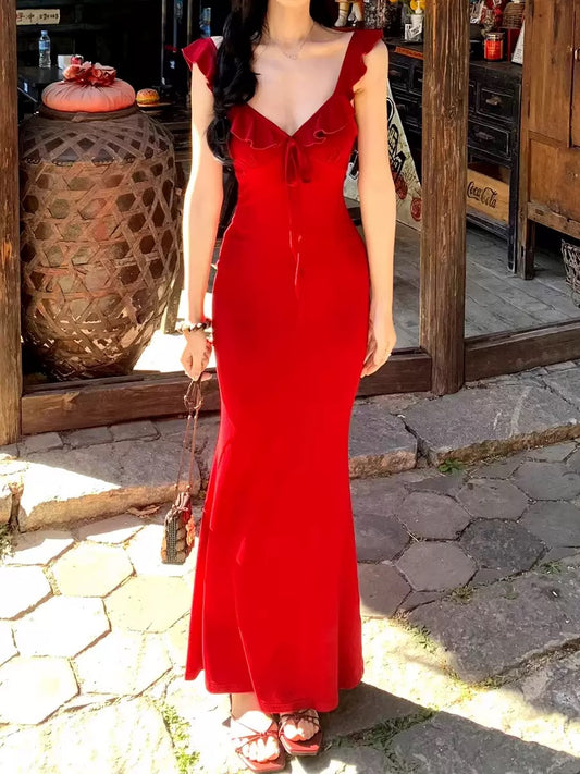 V-neck Red Mermaid Slip Dress