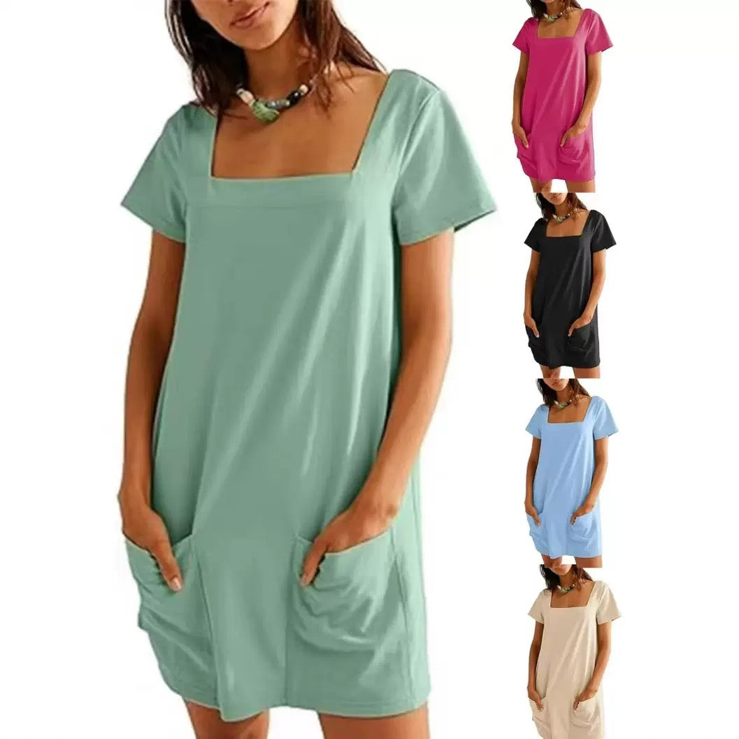 Simple square neck short sleeve mini dress.