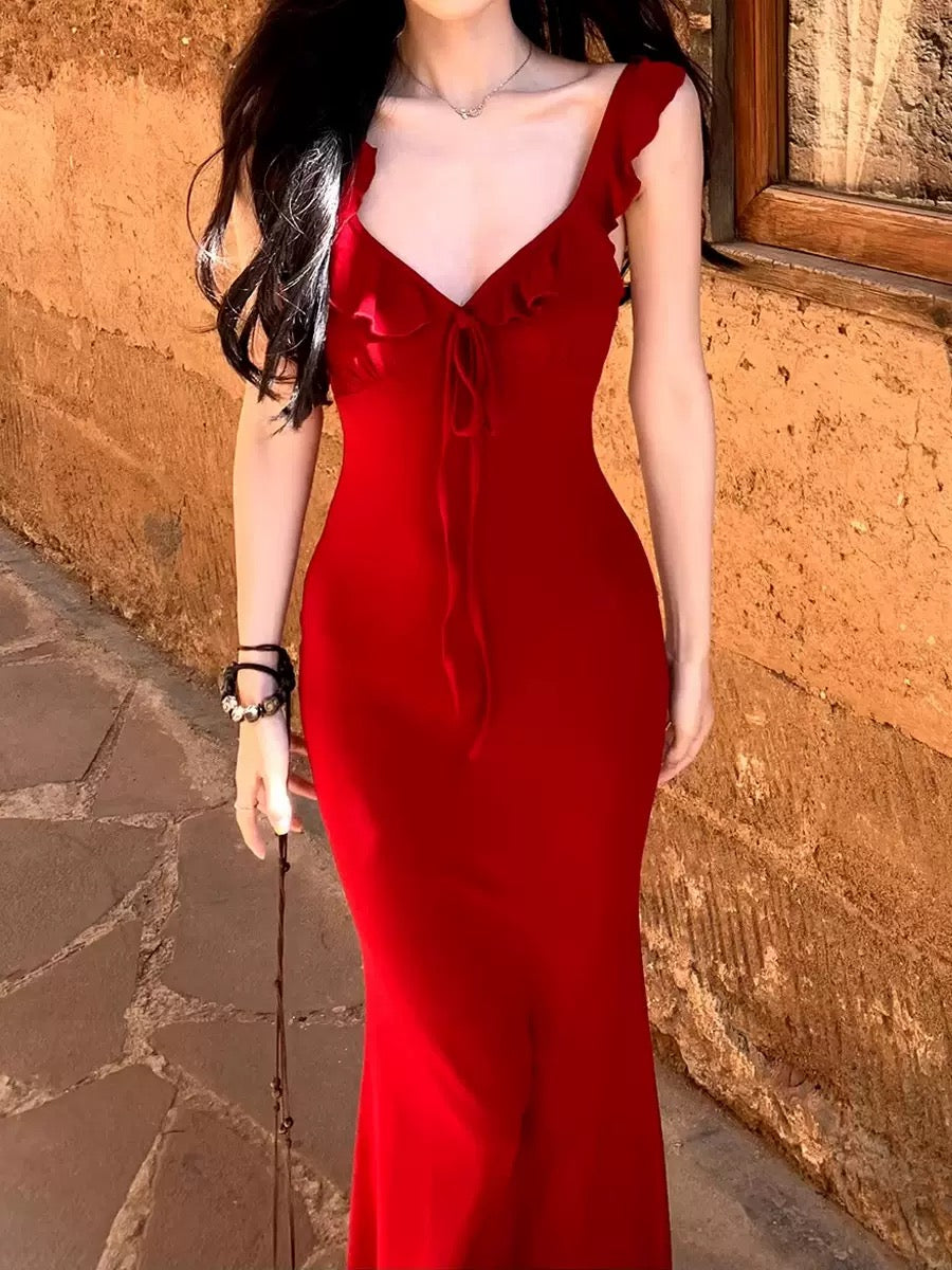 V-neck Red Mermaid Slip Dress